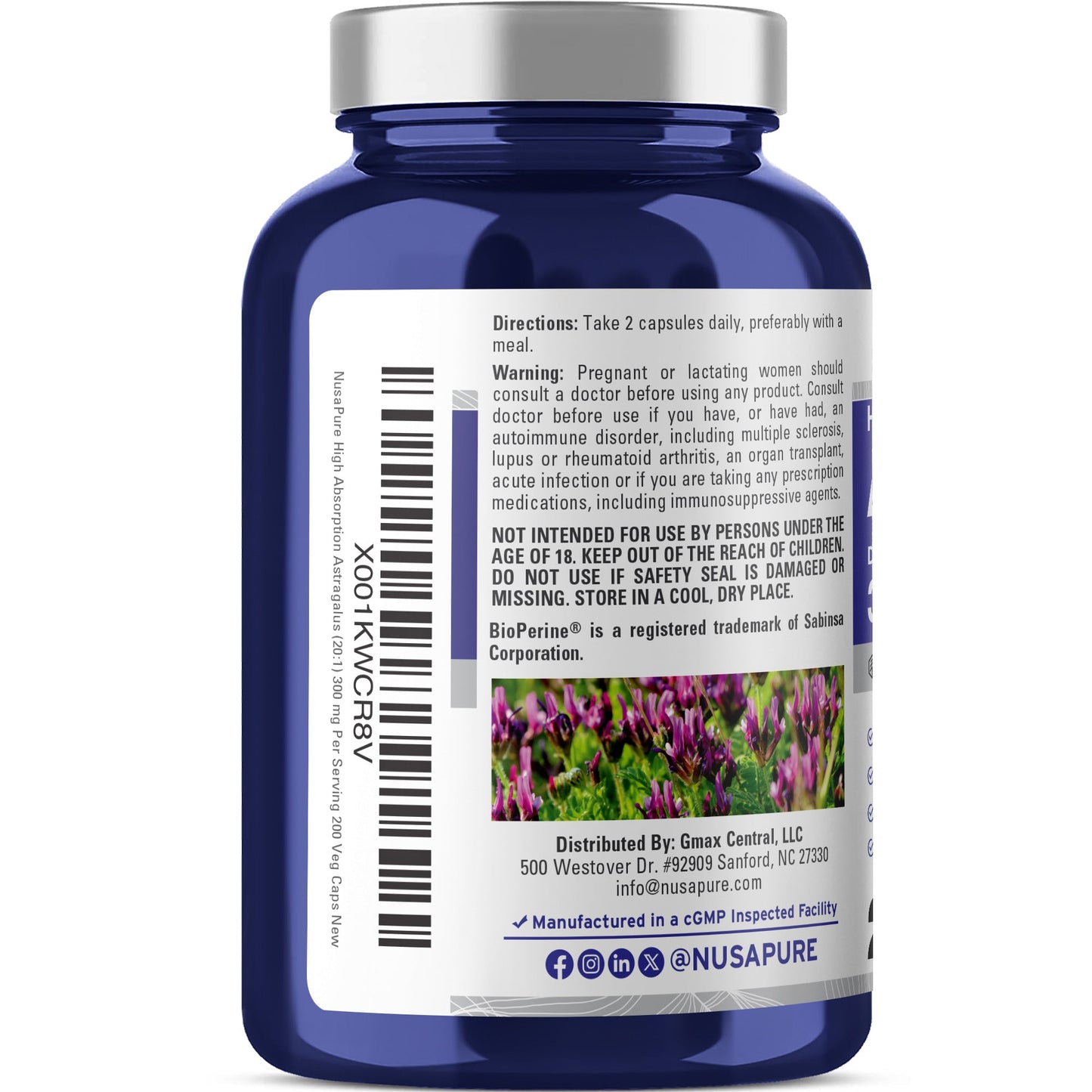 NusaPure Astrágalo Extracto 20:1, 300 mg por porción, 200 Cápsulas Vegetales, Vegano, sin OMG y Bioperina