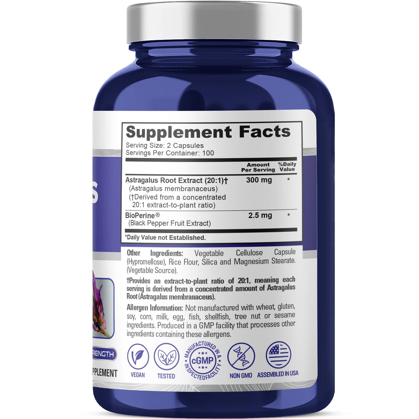NusaPure Astrágalo Extracto 20:1, 300 mg por porción, 200 Cápsulas Vegetales, Vegano, sin OMG y Bioperina