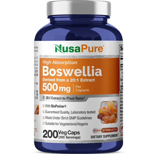 NusaPure Boswellia Serrata 500 mg por cápsula vegetal, 200 unidades (Ext. 20:1, sin OGM, vegano, Bioperine) Hierba ayurvédica: Olibanum indio, Incienso