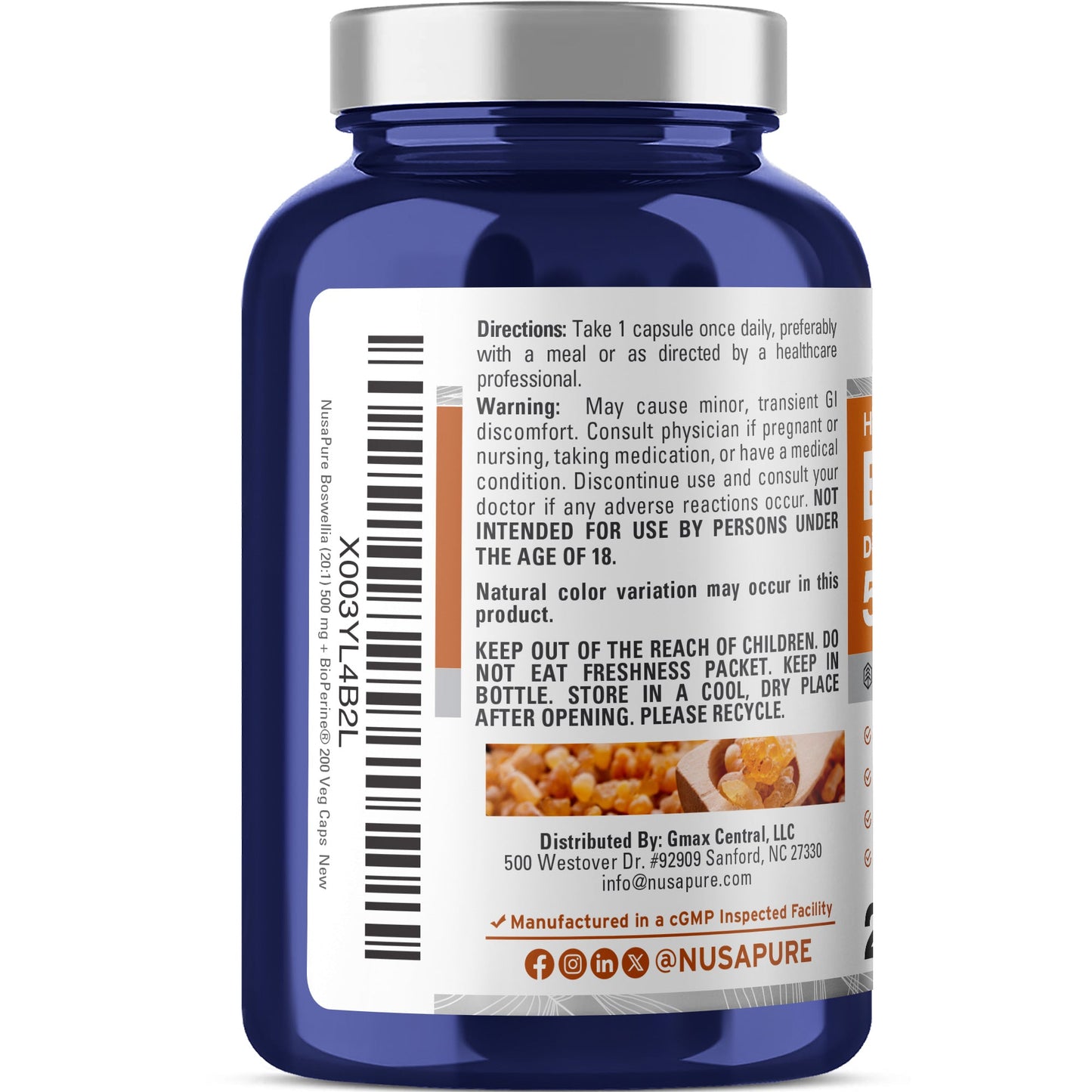 NusaPure Boswellia Serrata 500 mg por cápsula vegetal, 200 unidades (Ext. 20:1, sin OGM, vegano, Bioperine) Hierba ayurvédica: Olibanum indio, Incienso