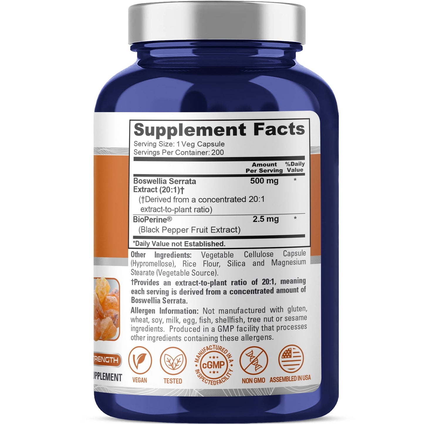 NusaPure Boswellia Serrata 500 mg por cápsula vegetal, 200 unidades (Ext. 20:1, sin OGM, vegano, Bioperine) Hierba ayurvédica: Olibanum indio, Incienso