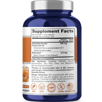 NusaPure Boswellia Serrata 500 mg por cápsula vegetal, 200 unidades (Ext. 20:1, sin OGM, vegano, Bioperine) Hierba ayurvédica: Olibanum indio, Incienso