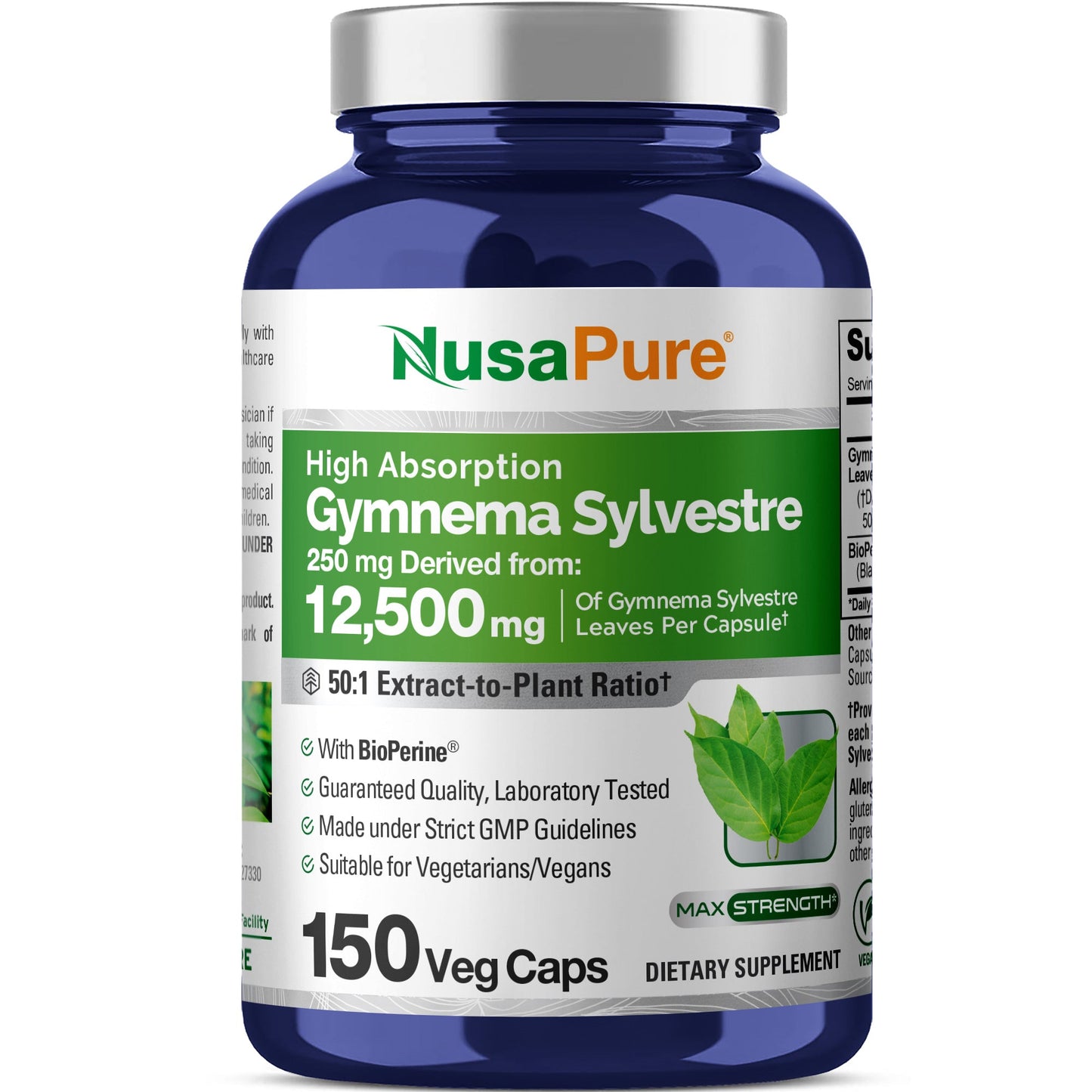 NusaPure Gymnema Sylvestre Extracto 50:1, 250 mg por Cápsula Vegana - 150 Unidades (Sin OMG, Vegano, Bioperina)