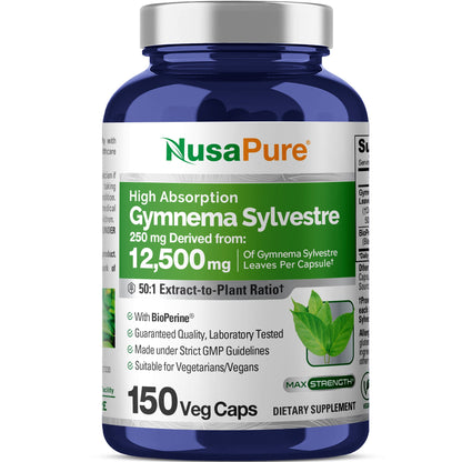 NusaPure Gymnema Sylvestre Extracto 50:1, 250 mg por Cápsula Vegana - 150 Unidades (Sin OMG, Vegano, Bioperina)