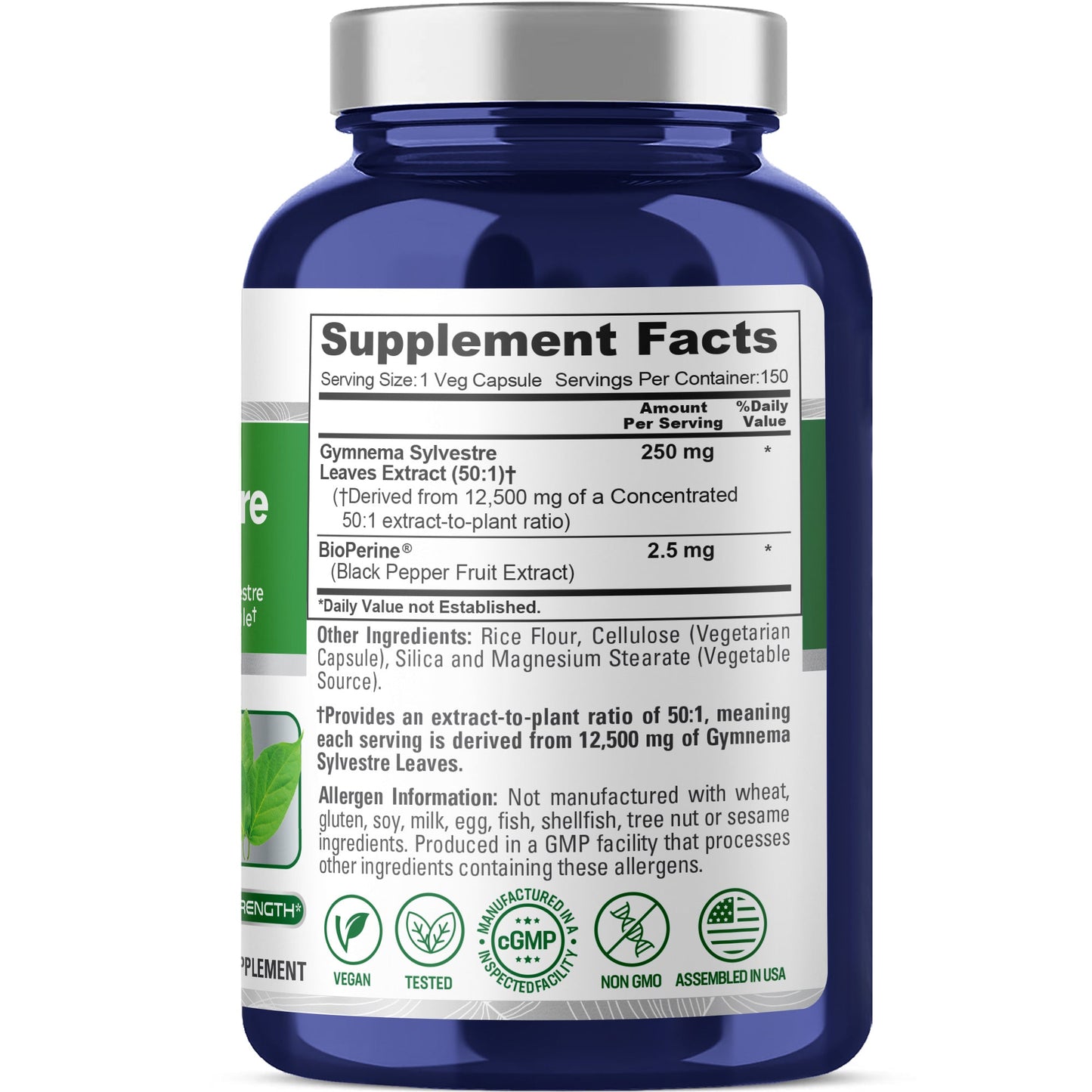 NusaPure Gymnema Sylvestre Extracto 50:1, 250 mg por Cápsula Vegana - 150 Unidades (Sin OMG, Vegano, Bioperina)
