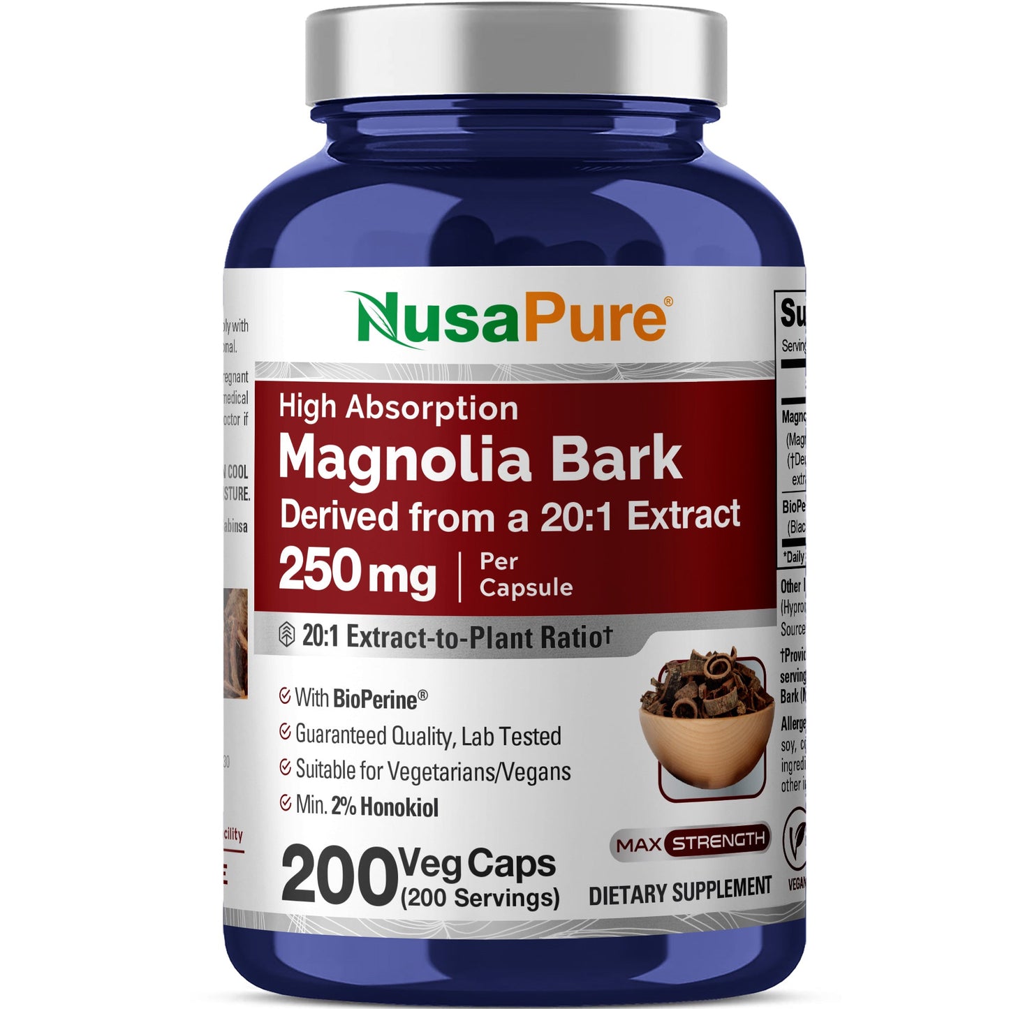 NusaPure Extracto de Corteza de Magnolia 20:1, 250 mg 200 Cápsulas Veganas Vegetarianas Sin OGM