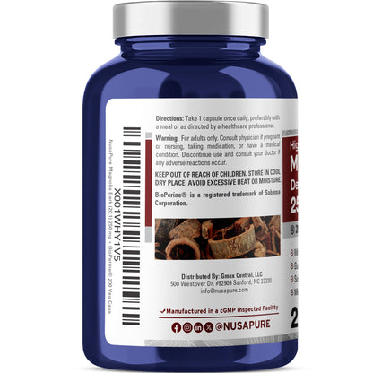 NusaPure Extracto de Corteza de Magnolia 20:1, 250 mg 200 Cápsulas Veganas Vegetarianas Sin OGM