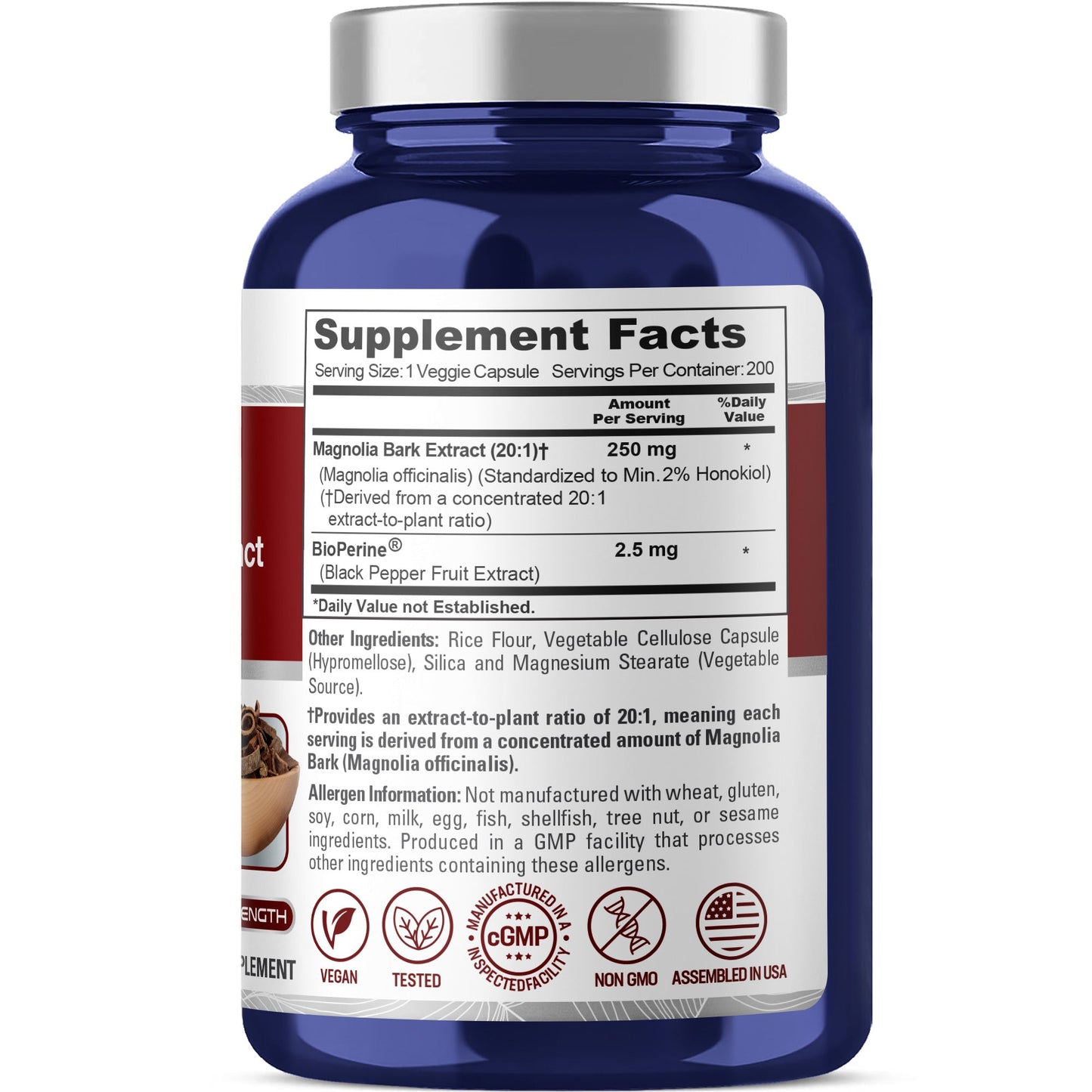NusaPure Extracto de Corteza de Magnolia 20:1, 250 mg 200 Cápsulas Veganas Vegetarianas Sin OGM