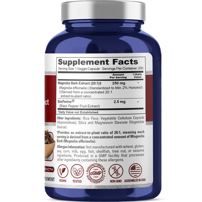NusaPure Extracto de Corteza de Magnolia 20:1, 250 mg 200 Cápsulas Veganas Vegetarianas Sin OGM