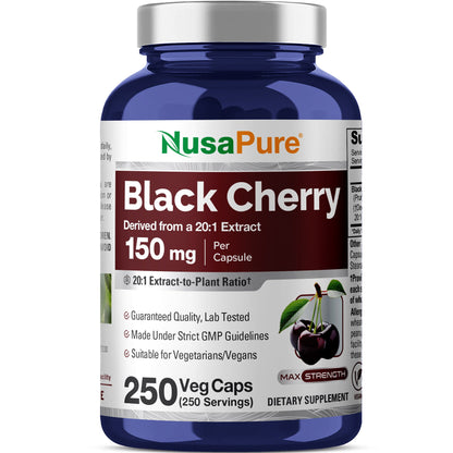 NusaPure Extracto de Cereza Negra 20:1 - Apto para Vegetarianos/Veganos, No GMO - 150mg 250 Cápsulas