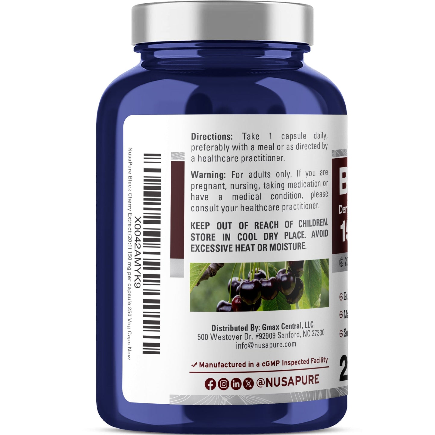 NusaPure Extracto de Cereza Negra 20:1 - Apto para Vegetarianos/Veganos, No GMO - 150mg 250 Cápsulas