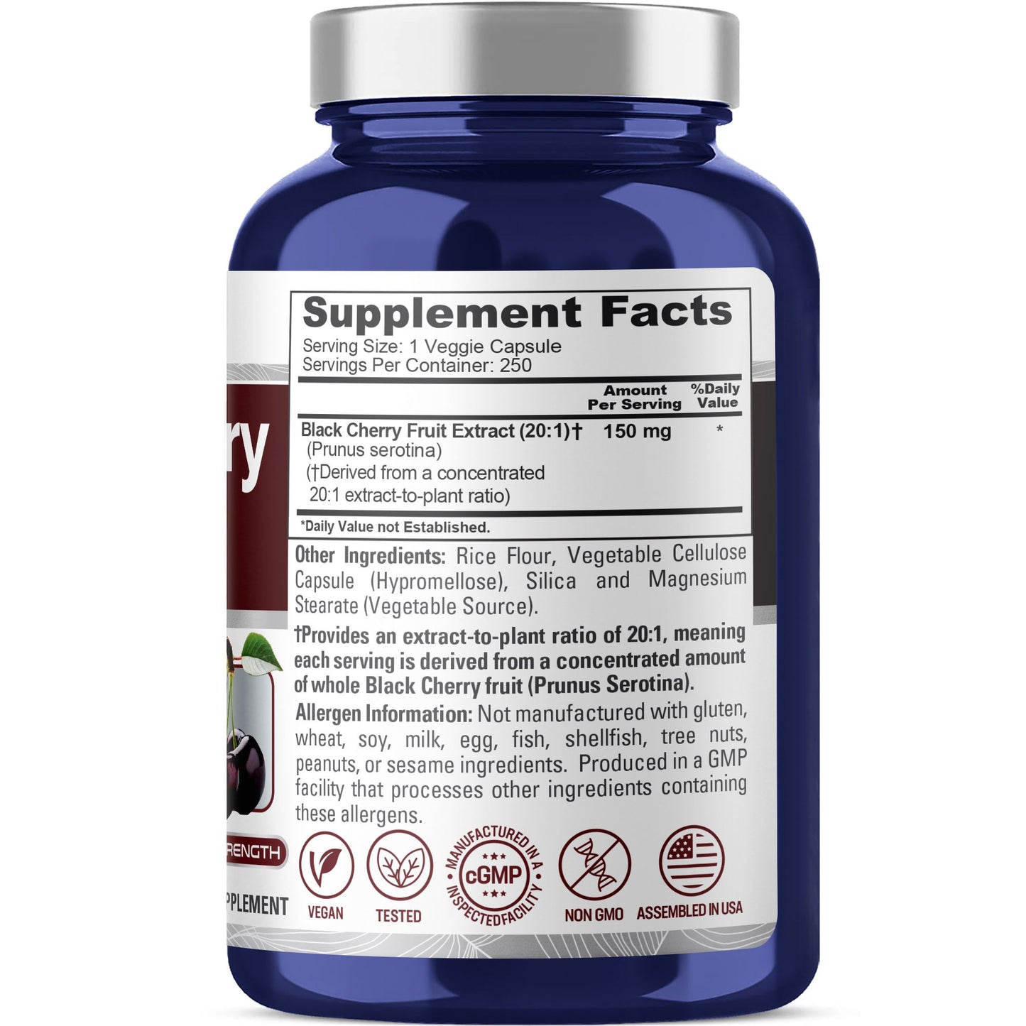 NusaPure Extracto de Cereza Negra 20:1 - Apto para Vegetarianos/Veganos, No GMO - 150mg 250 Cápsulas