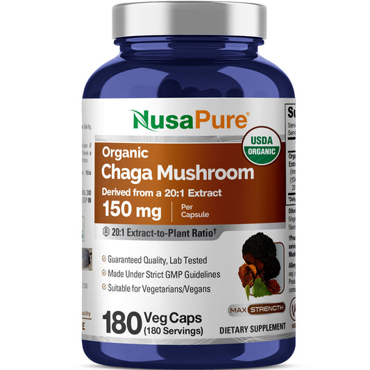 NusaPure Extracto de Champiñón Chaga 20:1, 150 mg por Cápsula Vegetal, 180 Unidades, Orgánico USDA, Vegano, Sin OGM