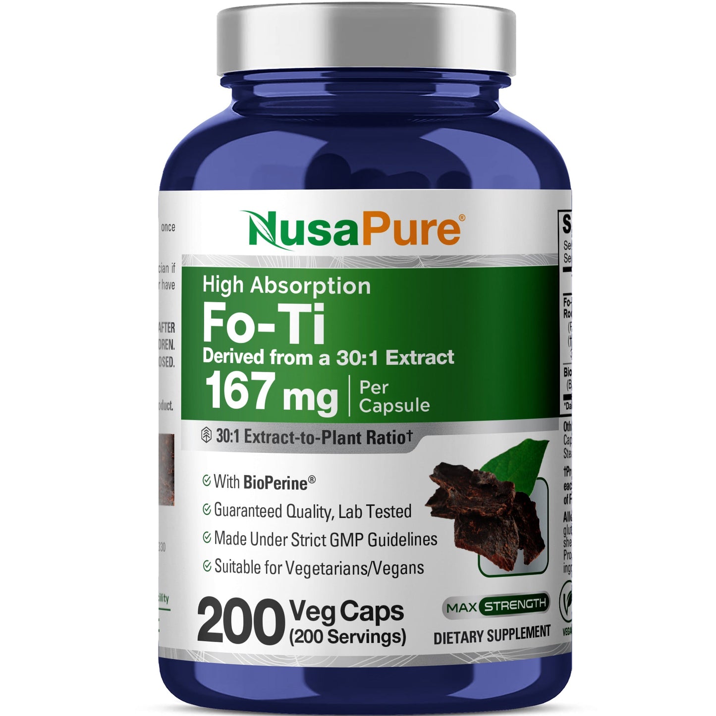 NusaPure Fo-Ti Extracto 30:1, 167 mg por cápsula vegetal, 200 unidades, sin OGM, vegano, Bioperine