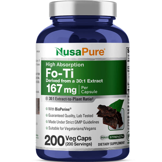 NusaPure Fo-Ti Extracto 30:1, 167 mg por cápsula vegetal, 200 unidades, sin OGM, vegano, Bioperine