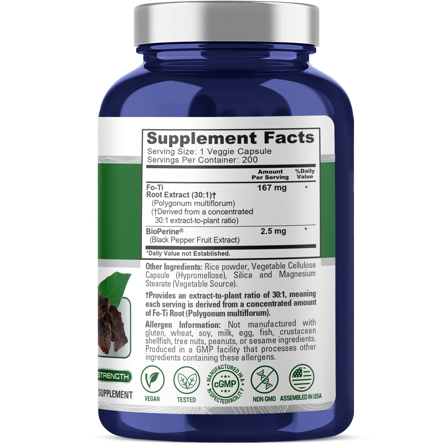 NusaPure Fo-Ti Extracto 30:1, 167 mg por cápsula vegetal, 200 unidades, sin OGM, vegano, Bioperine