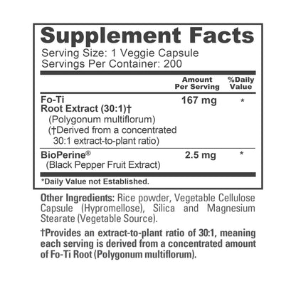 NusaPure Fo-Ti Extracto 30:1, 167 mg por cápsula vegetal, 200 unidades, sin OGM, vegano, Bioperine
