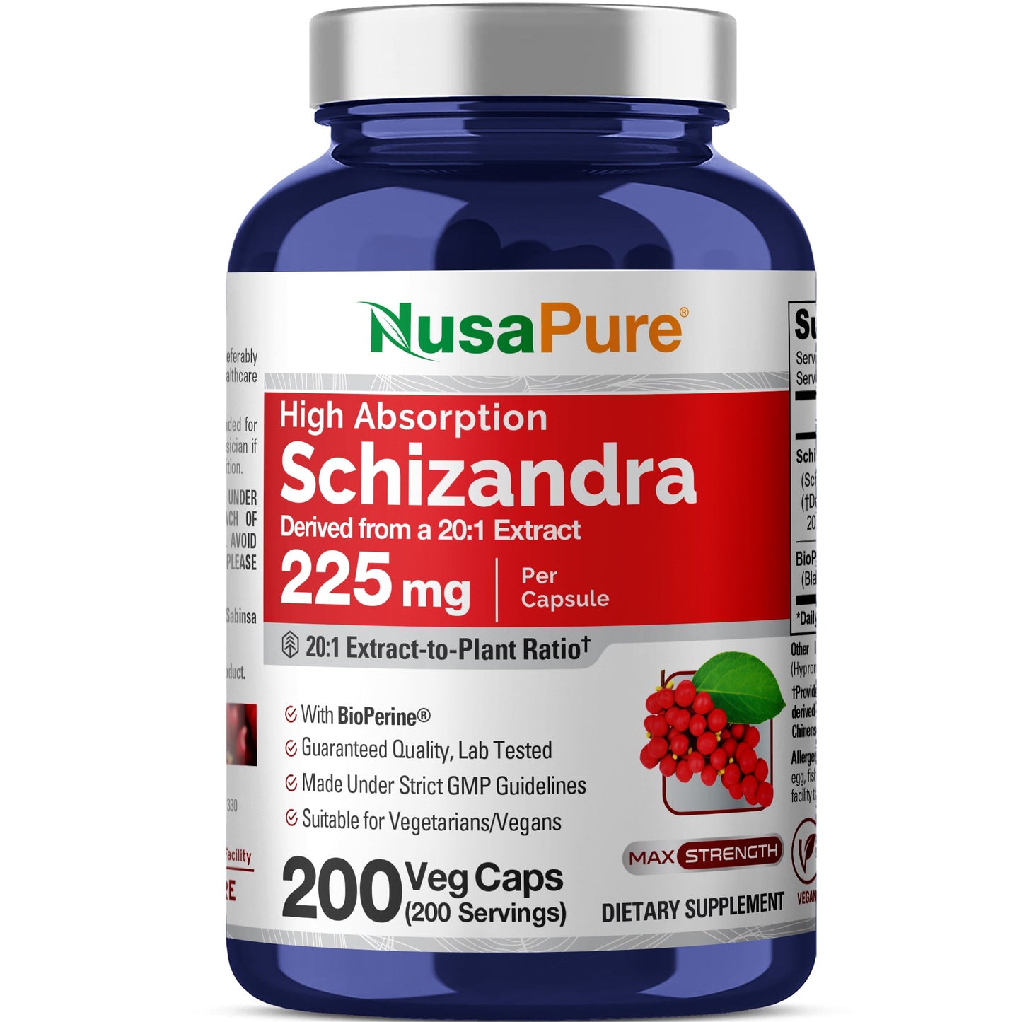 NusaPure Extracto de bayas de schisandra 20:1, 225 mg, 200 cápsulas veganas (sin OGM, bioperina)