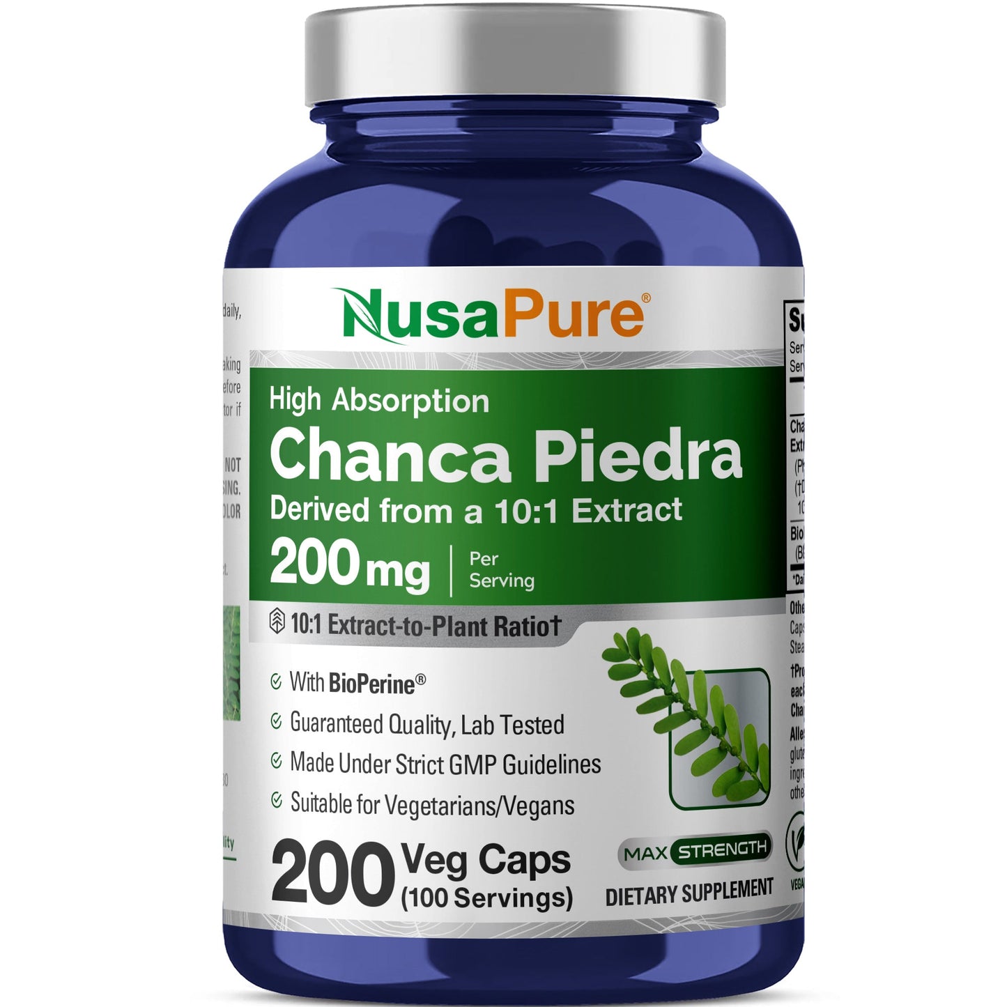 NusaPure Chanca Piedra 200 mg | 200 cápsulas vegetales | Suplemento de extracto de hierbas | Extracto 10:1, sin OGM, Bioperina | 100 porciones por frasco