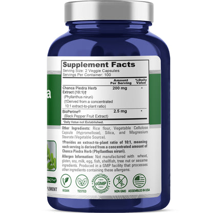 NusaPure Chanca Piedra 200 mg | 200 cápsulas vegetales | Suplemento de extracto de hierbas | Extracto 10:1, sin OGM, Bioperina | 100 porciones por frasco