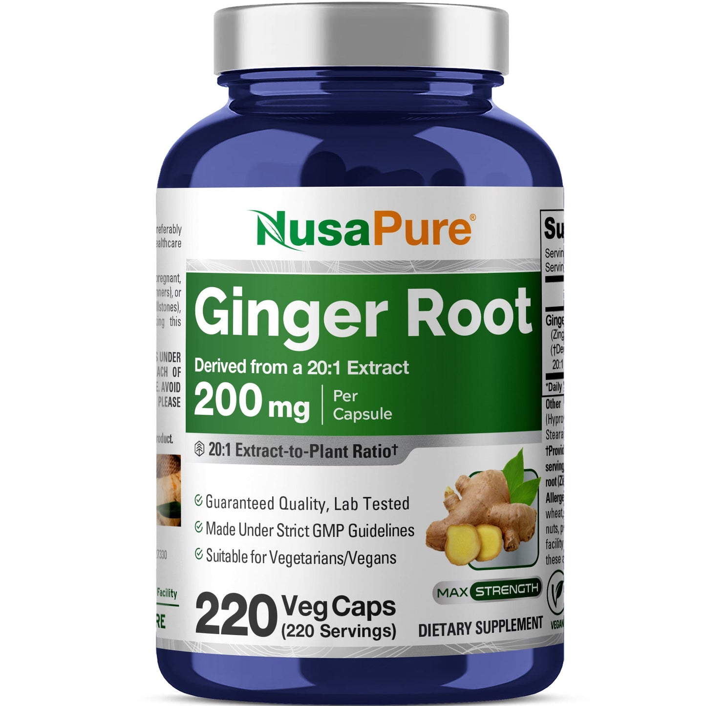 Cápsulas de raíz de jengibre NusaPure Extracto 20:1, 200 mg por cápsula vegetal | 220 unidades | Sin OGM