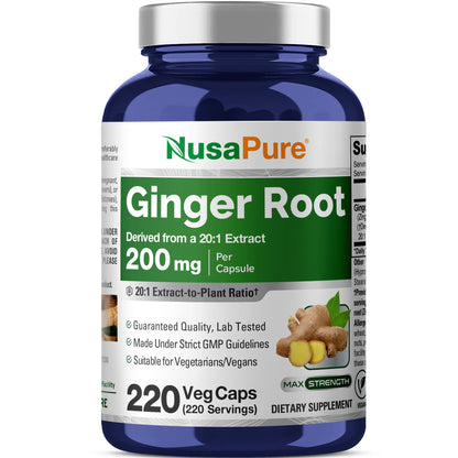 Cápsulas de raíz de jengibre NusaPure Extracto 20:1, 200 mg por cápsula vegetal | 220 unidades | Sin OGM