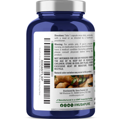 Cápsulas de raíz de jengibre NusaPure Extracto 20:1, 200 mg por cápsula vegetal | 220 unidades | Sin OGM