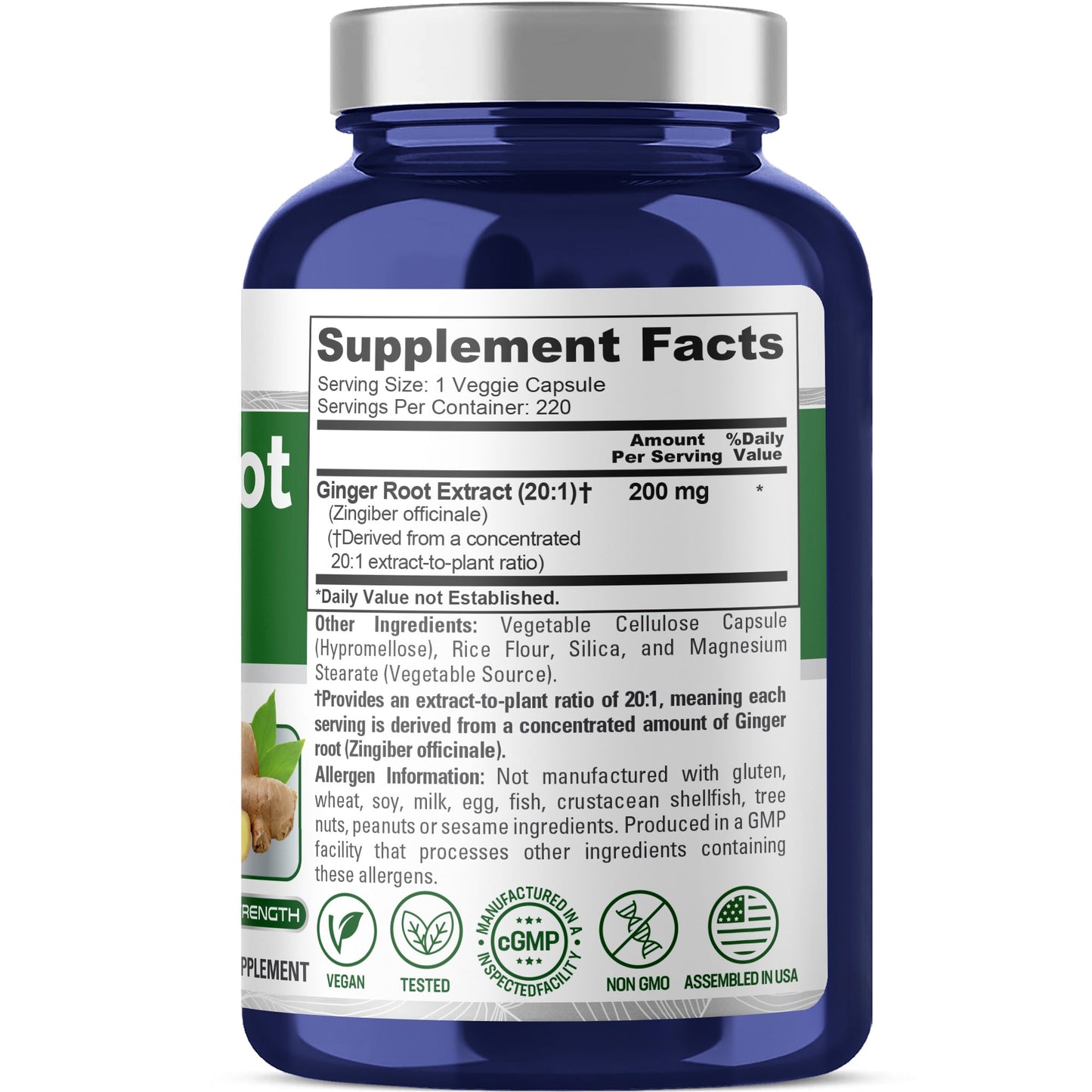 Cápsulas de raíz de jengibre NusaPure Extracto 20:1, 200 mg por cápsula vegetal | 220 unidades | Sin OGM