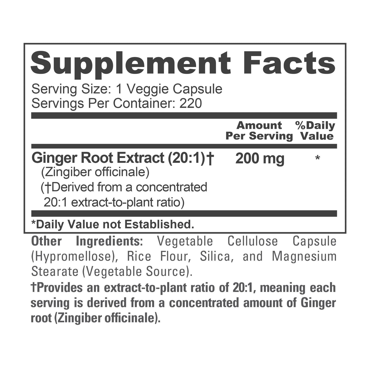 Cápsulas de raíz de jengibre NusaPure Extracto 20:1, 200 mg por cápsula vegetal | 220 unidades | Sin OGM