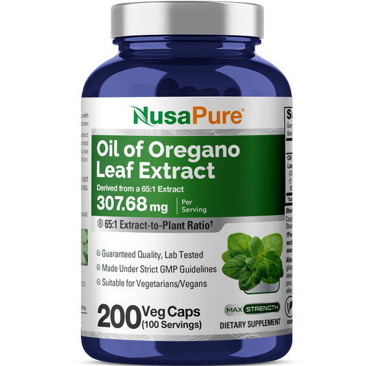 NusaPure Extracto de Aceite de Orégano 307mg | 200 Cápsulas Vegetales en Polvo | Carvacrol de Origen Natural | Extracto Vegano y No Transgénico 65:1