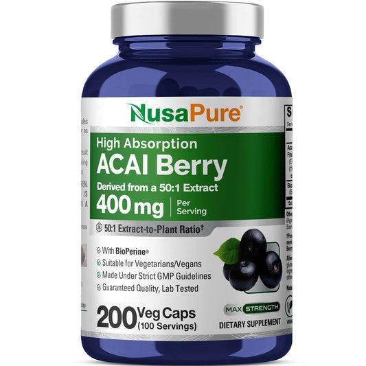 NusaPure Acai Berry, 400 mg, 200 Cápsulas Vegetales (Sin OGM, Vegano)