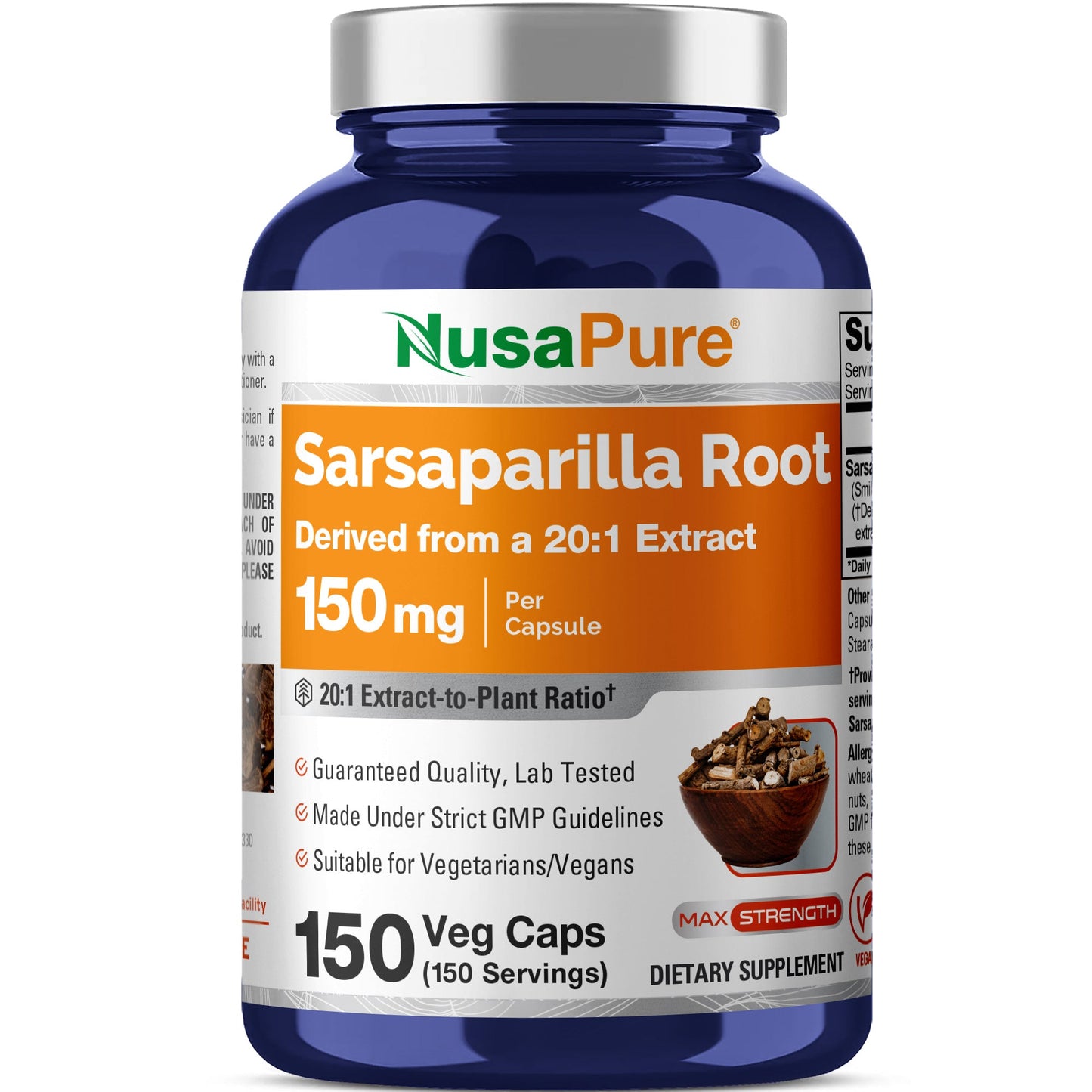NusaPure Raíz de Zarzaparrilla Extracto 20:1 - Apto para Vegetarianos/Veganos, No OGM - 150 mg - 150 Cápsulas