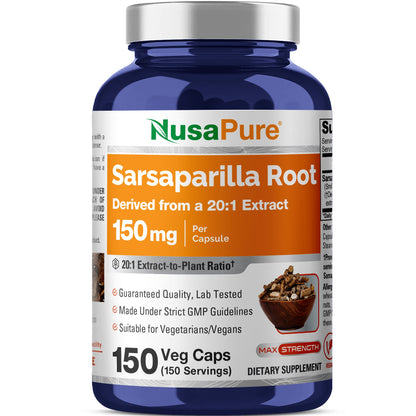 NusaPure Raíz de Zarzaparrilla Extracto 20:1 - Apto para Vegetarianos/Veganos, No OGM - 150 mg - 150 Cápsulas