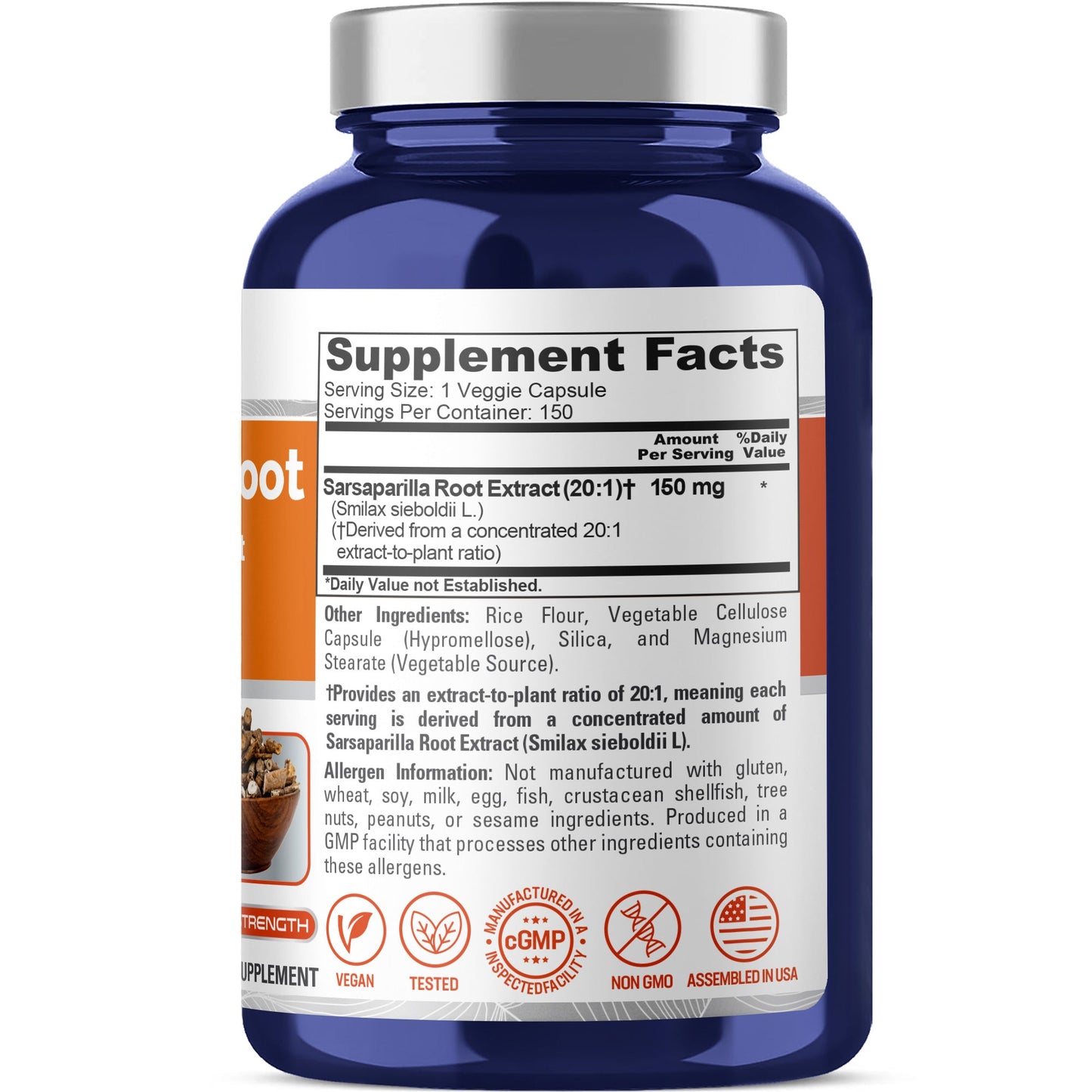 NusaPure Raíz de Zarzaparrilla Extracto 20:1 - Apto para Vegetarianos/Veganos, No OGM - 150 mg - 150 Cápsulas