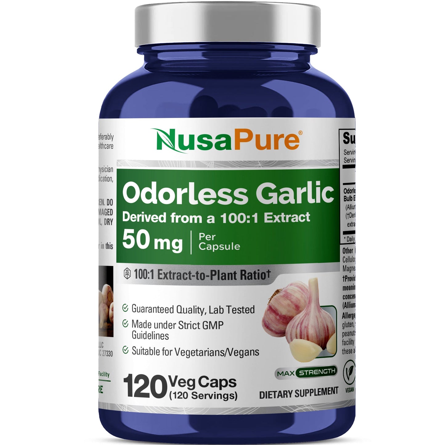 Ajo inodoro NusaPure Extracto 100:1, cápsula de 50 mg | 120 cápsulas vegetarianas | Alta potencia | Suplemento herbal | Sin OMG