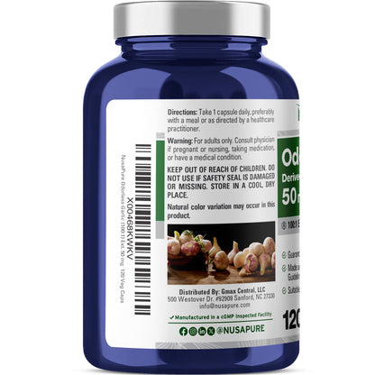 Ajo inodoro NusaPure Extracto 100:1, cápsula de 50 mg | 120 cápsulas vegetarianas | Alta potencia | Suplemento herbal | Sin OMG