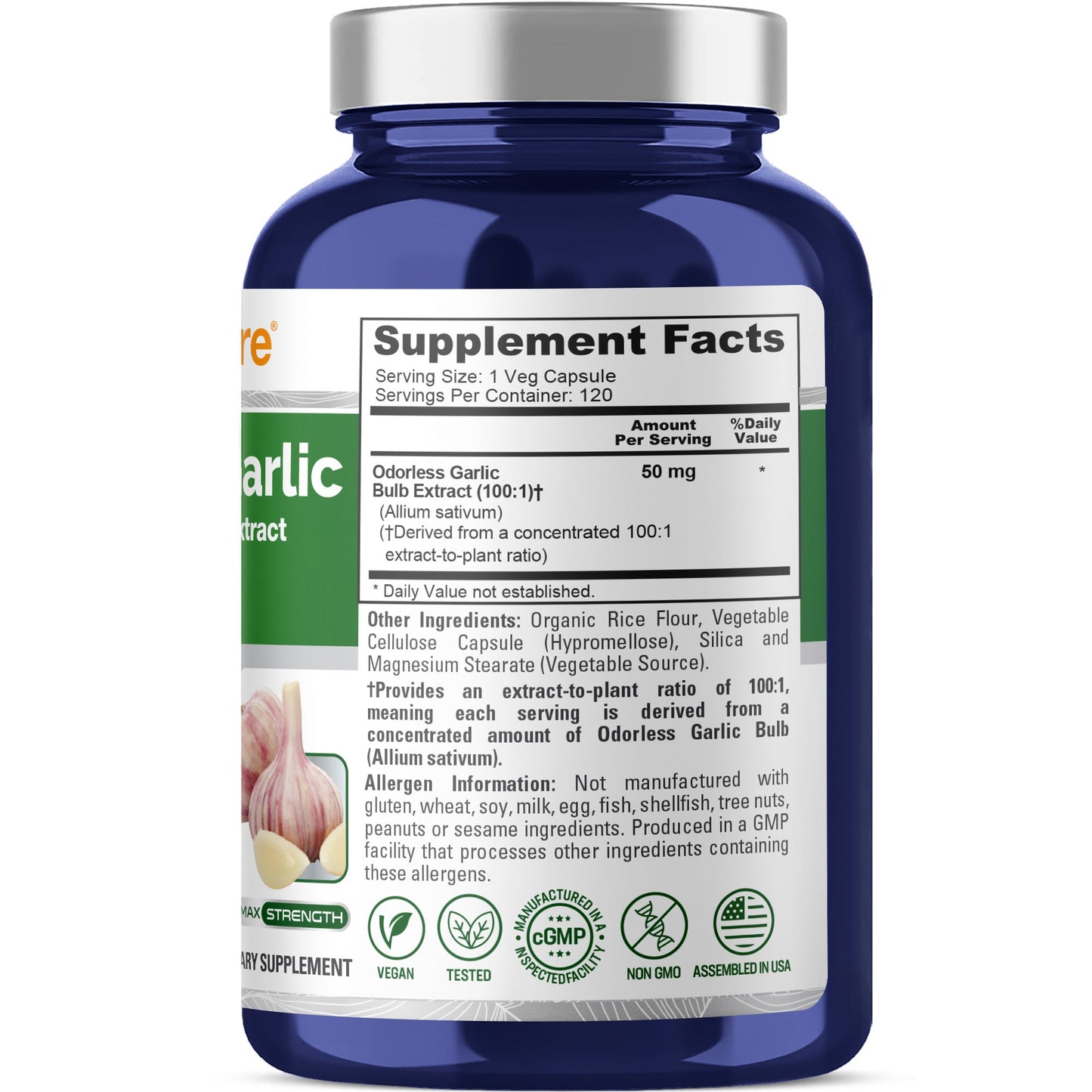 Ajo inodoro NusaPure Extracto 100:1, cápsula de 50 mg | 120 cápsulas vegetarianas | Alta potencia | Suplemento herbal | Sin OMG