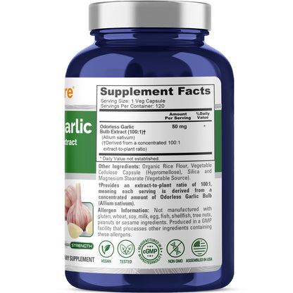 Ajo inodoro NusaPure Extracto 100:1, cápsula de 50 mg | 120 cápsulas vegetarianas | Alta potencia | Suplemento herbal | Sin OMG