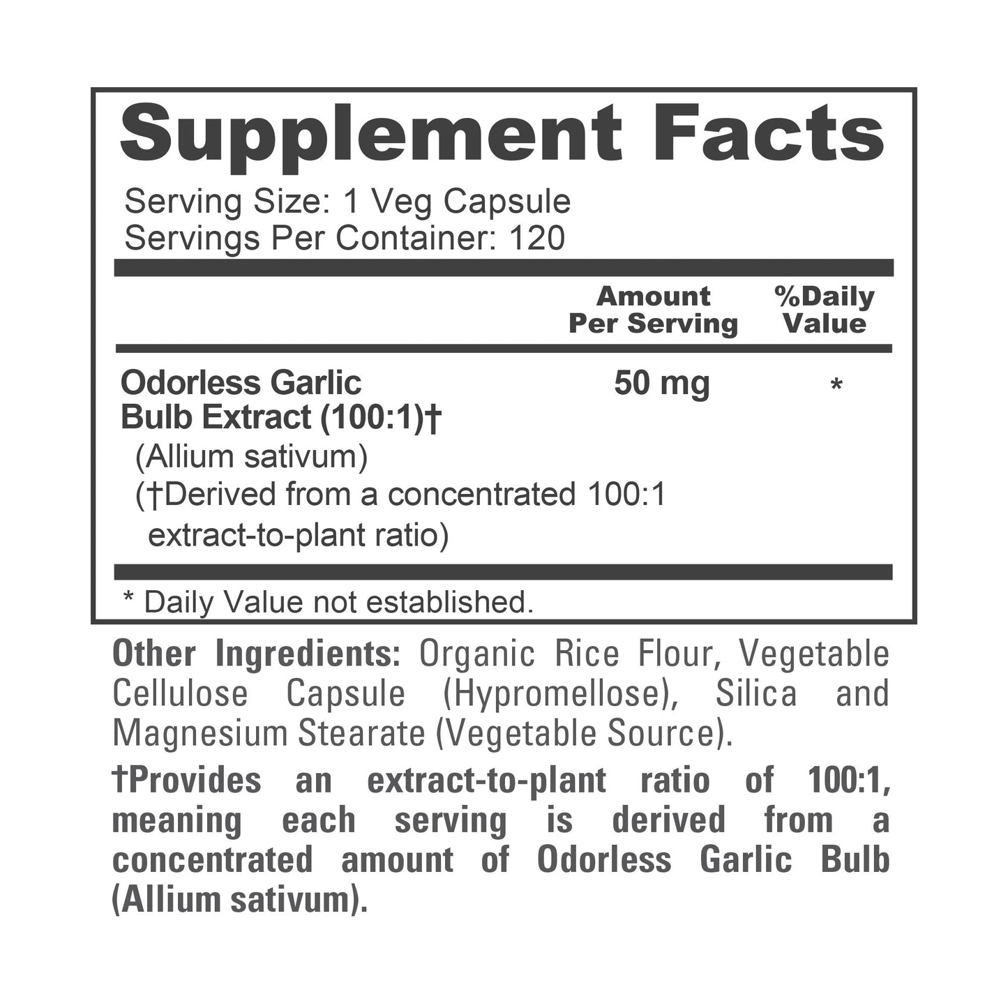 Ajo inodoro NusaPure Extracto 100:1, cápsula de 50 mg | 120 cápsulas vegetarianas | Alta potencia | Suplemento herbal | Sin OMG