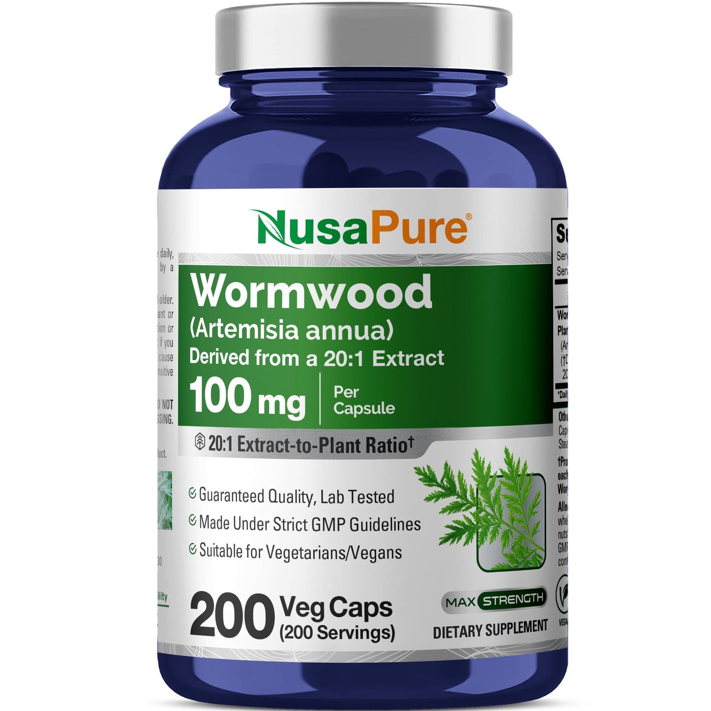 Cápsulas de Ajenjo de NusaPure 100 mg | Hierba Artemisia Annua | 200 Cápsulas | Suplemento vegano y sin OMG