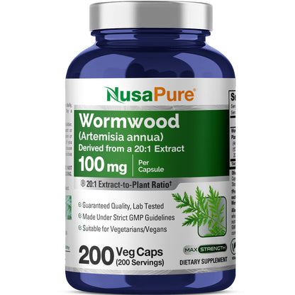 Cápsulas de Ajenjo de NusaPure 100 mg | Hierba Artemisia Annua | 200 Cápsulas | Suplemento vegano y sin OMG