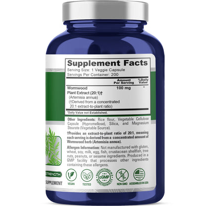Cápsulas de Ajenjo de NusaPure 100 mg | Hierba Artemisia Annua | 200 Cápsulas | Suplemento vegano y sin OMG