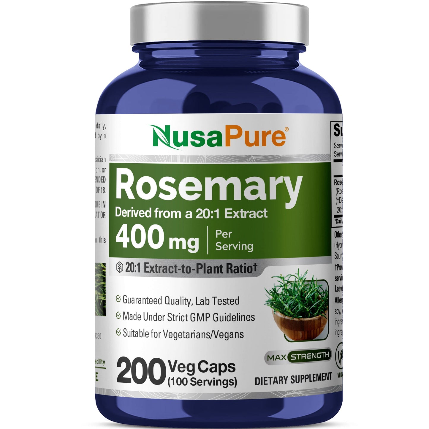 NusaPure Cápsulas de Romero | Extracto 20:1, 400 mg | 200 Cápsulas Vegetales | Sin OGM y Vegano