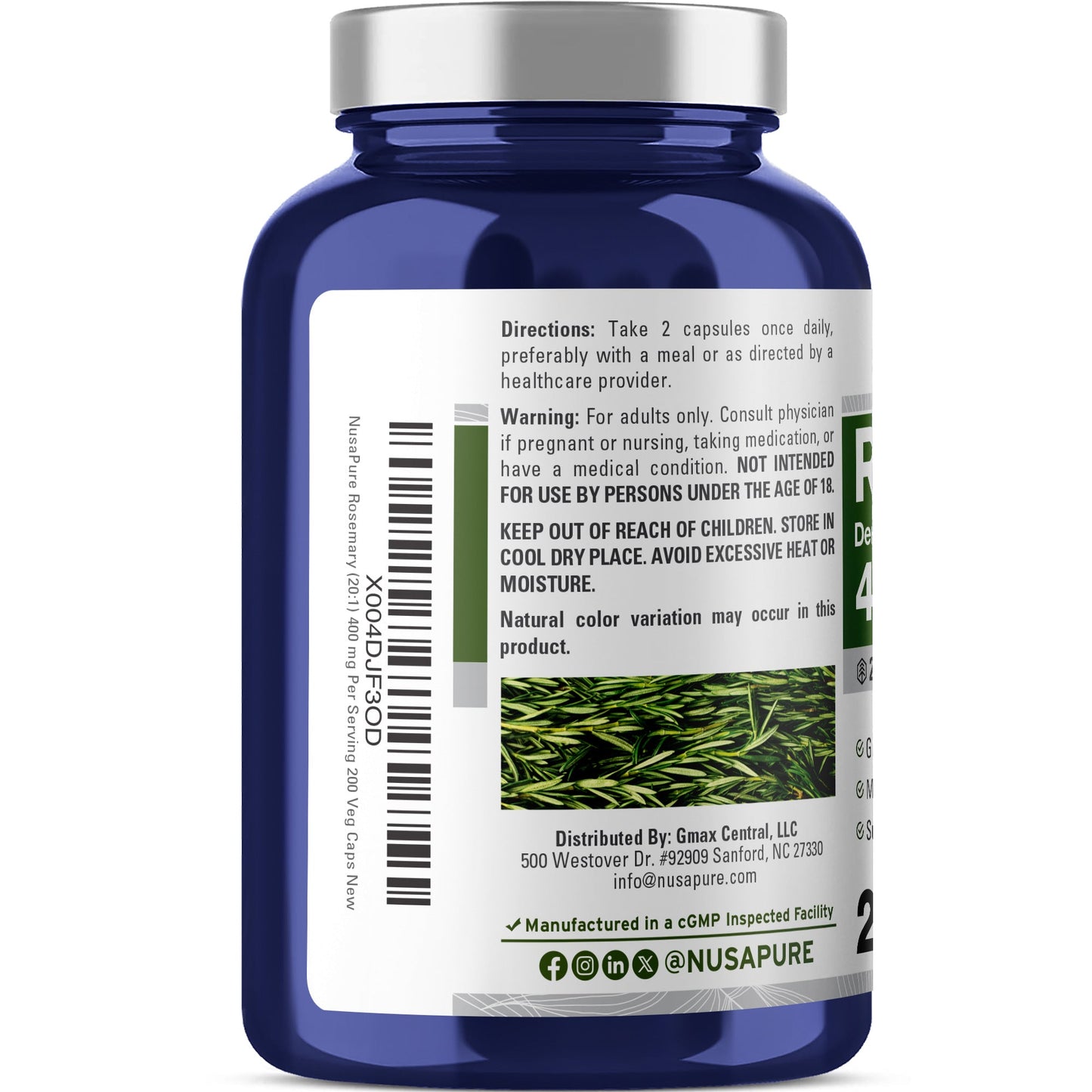 NusaPure Cápsulas de Romero | Extracto 20:1, 400 mg | 200 Cápsulas Vegetales | Sin OGM y Vegano