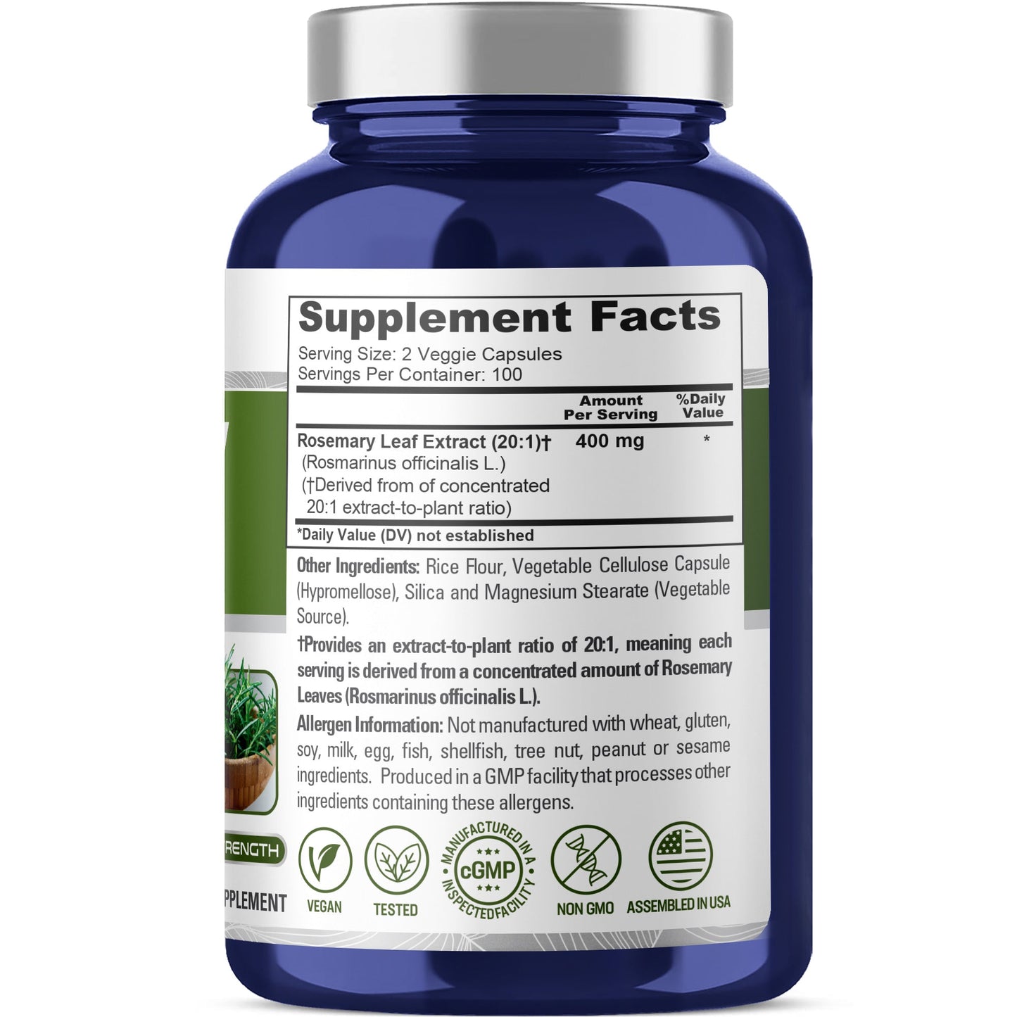 NusaPure Cápsulas de Romero | Extracto 20:1, 400 mg | 200 Cápsulas Vegetales | Sin OGM y Vegano