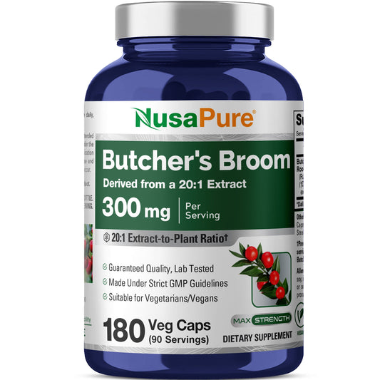 NusaPure Raíz de Rusco, Extracto 20:1, Cápsulas Vegetales de 300 mg, 180 Unidades (Sin OMG, Vegano)