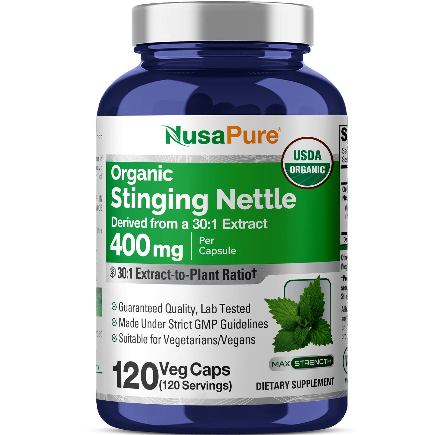 NusaPure Extracto de ortiga orgánica USDA 30:1, 400 mg 120 cápsulas vegetales aptas para vegetarianos y veganos, sin OMG