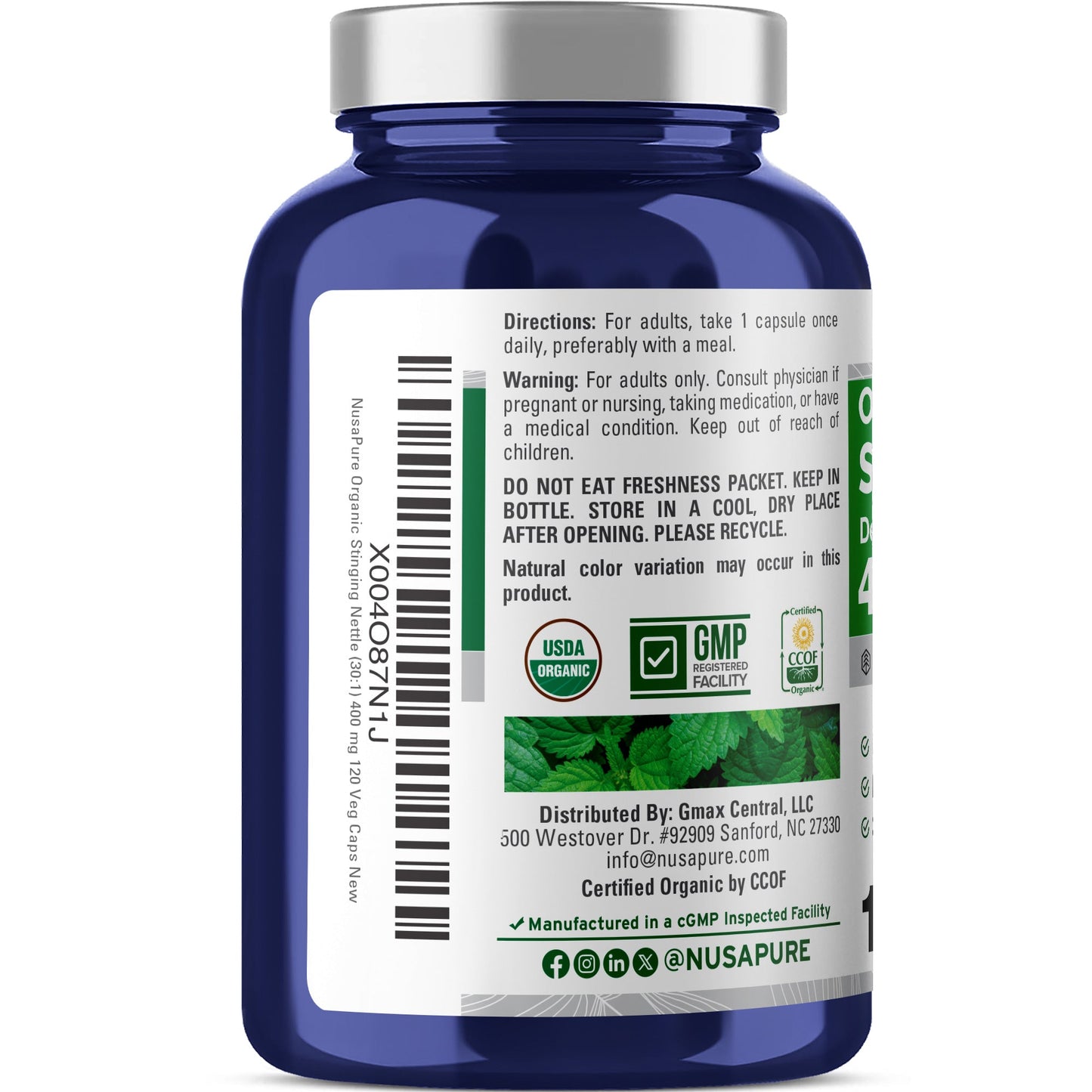 NusaPure Extracto de ortiga orgánica USDA 30:1, 400 mg 120 cápsulas vegetales aptas para vegetarianos y veganos, sin OMG