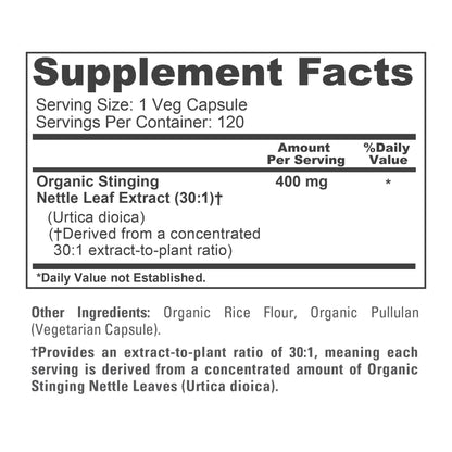 NusaPure Extracto de ortiga orgánica USDA 30:1, 400 mg 120 cápsulas vegetales aptas para vegetarianos y veganos, sin OMG