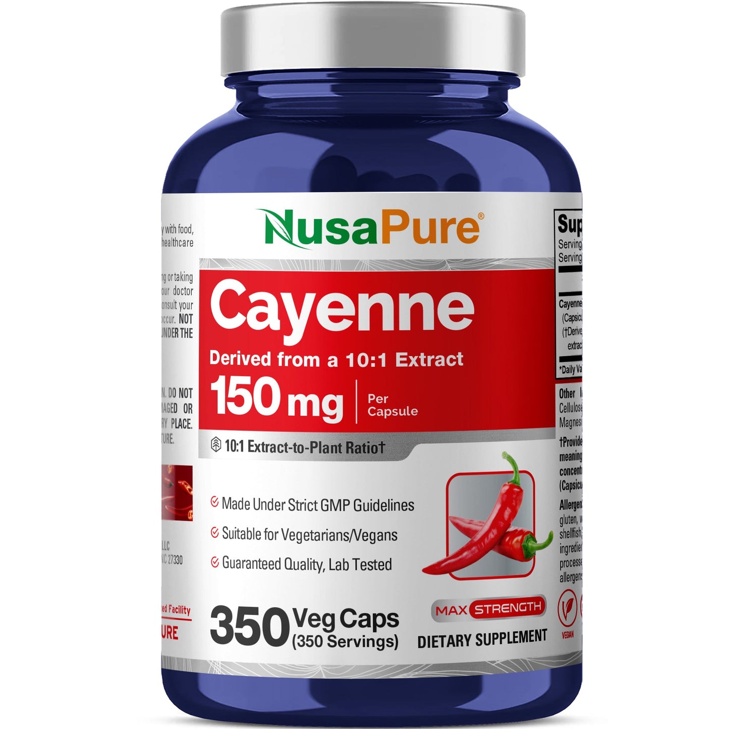 NusaPure Pimienta Cayena 150 mg por Cápsula, 350 Cápsulas Vegetales Vegano Vegetariano, Sin OGM